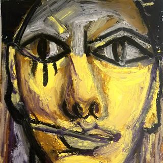 RTVE Retrato abstracto de un rostro con tonos amarillos y detalles marcados en negro.