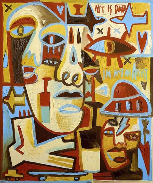 EDU-BERMEJO-EXPOSICION-DCA-SOY-YO Retrato abstracto con rostros y símbolos en colores vibrantes y formas geométricas.